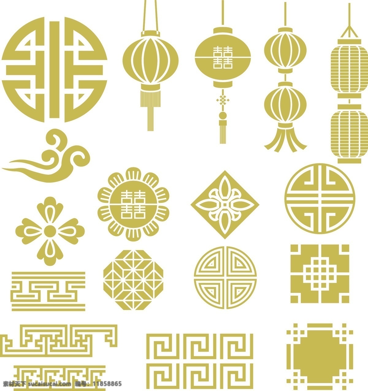 中式图案图片 中式图案 矢量图 灯笼 金色 春节 回纹 装饰 边框 矢量文件