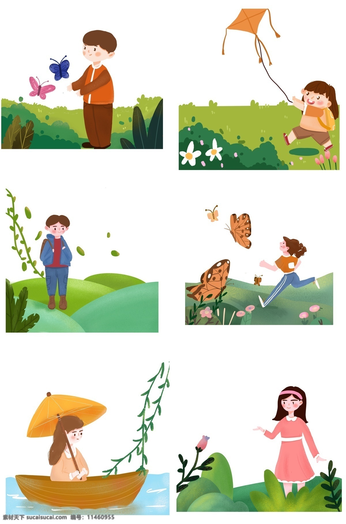 清明 人物 插画 合集 卡通男孩女孩 卡通人物 植物装饰 绿色草坪 彩色 风筝 卡通 小 男孩