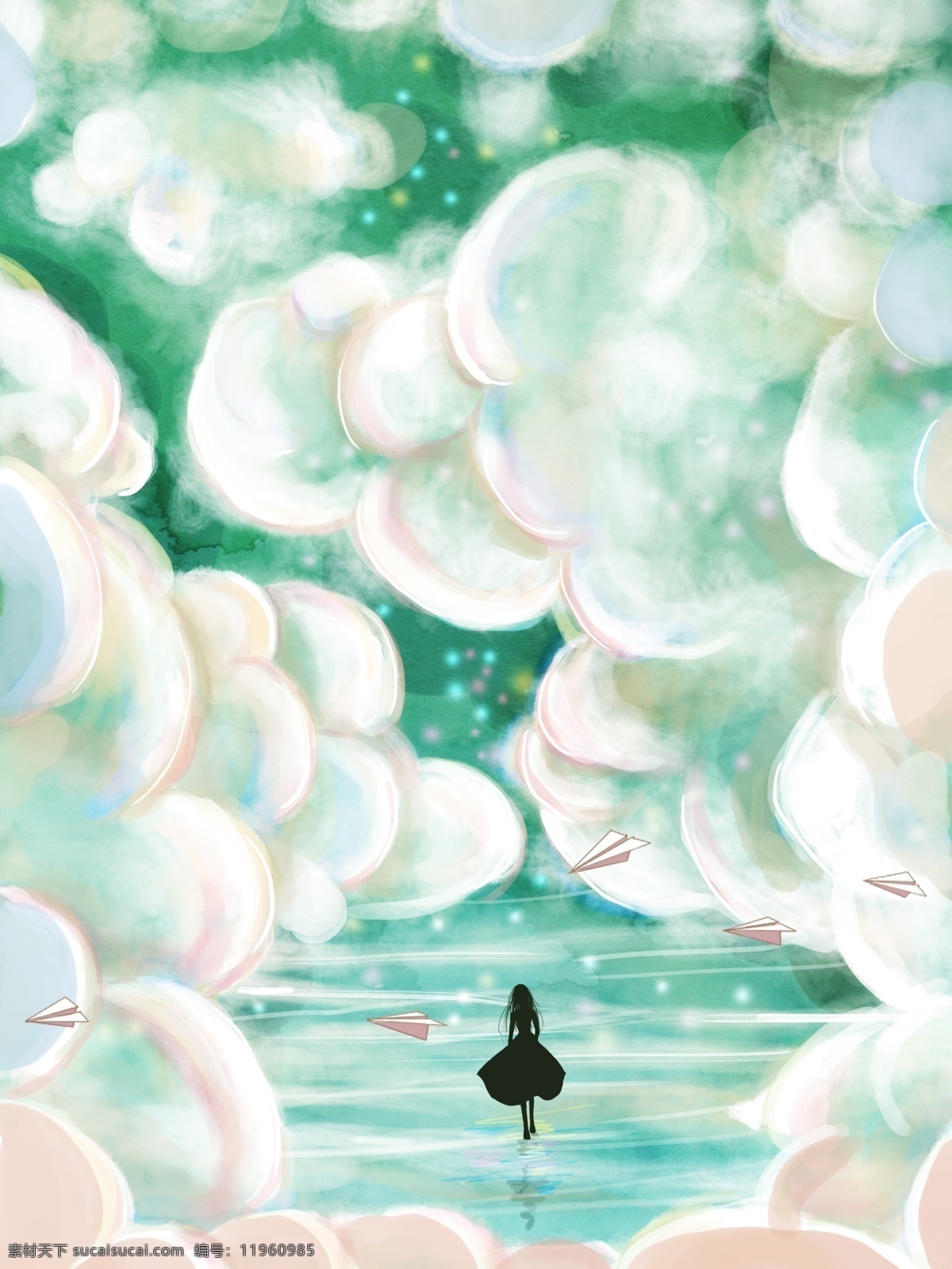原创 纹理 插画 水 蓝 天空 云层 梦幻 星空 壁纸 商业用图