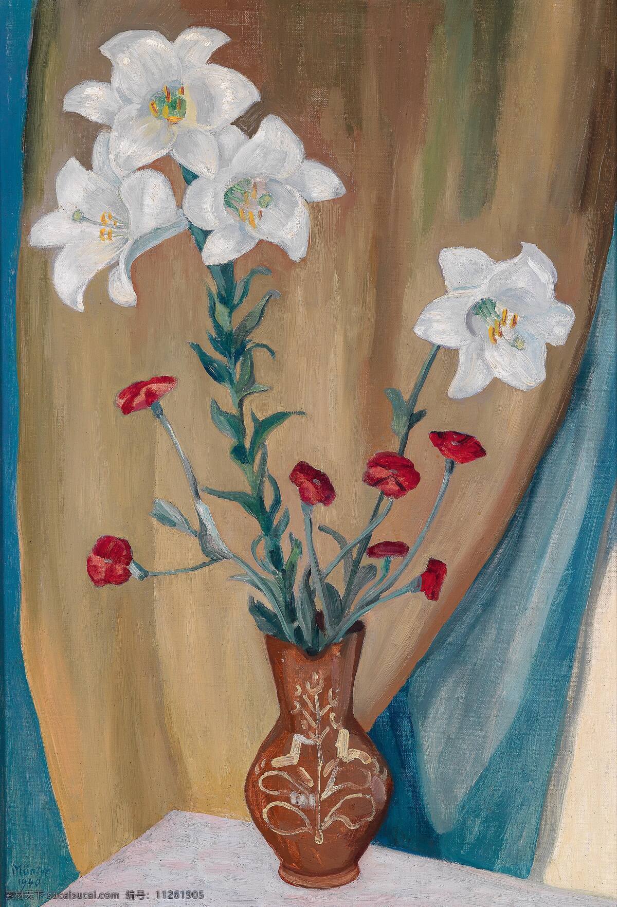 静物鲜花 百合花 盛开 陶制花瓶 白色桌子 20世纪油画 油画 文化艺术 绘画书法