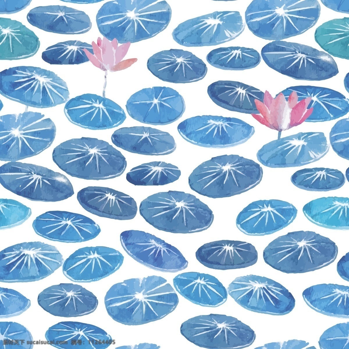 荷叶 海水 背景 图 矢量 设计素材 蓝色 荷花 粉色 水彩 夏天 夏日 插画 小清新 纹理