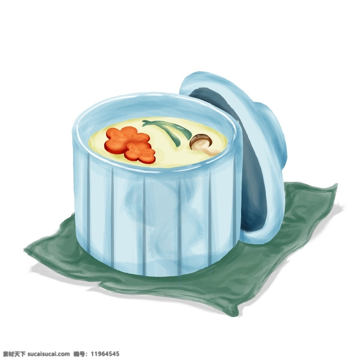 清新 蓝色 碗装 日式 蛋汤 手绘 元素 吃货节 日式蛋汤 日本美食 日本 葱 香菇 绿色 布 手绘元素 配图