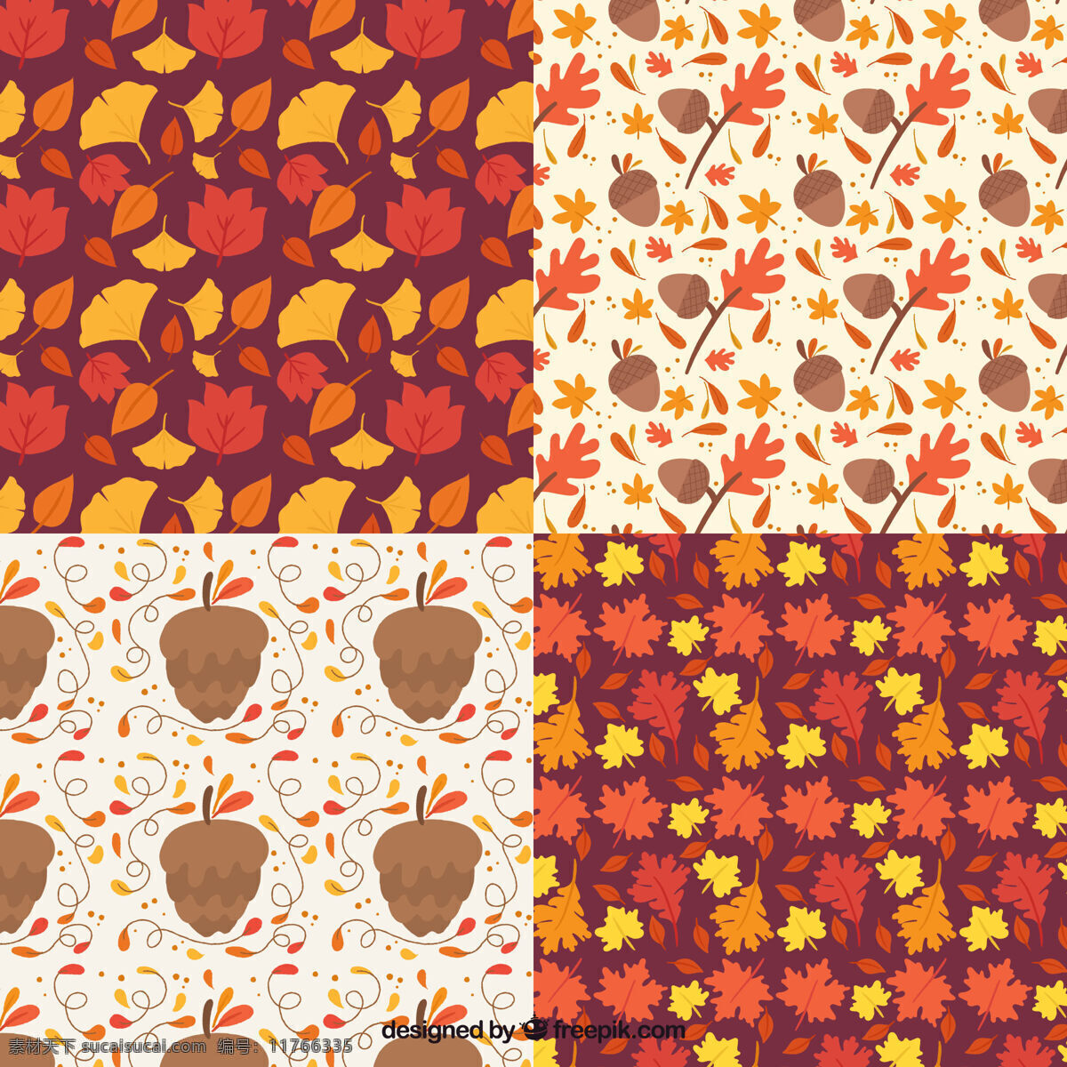 四 种 不同 图案 秋天 背景 树叶 自然 森林 装饰 无缝图案 树木 色彩 自然背景 图案背景 马赛克 树枝