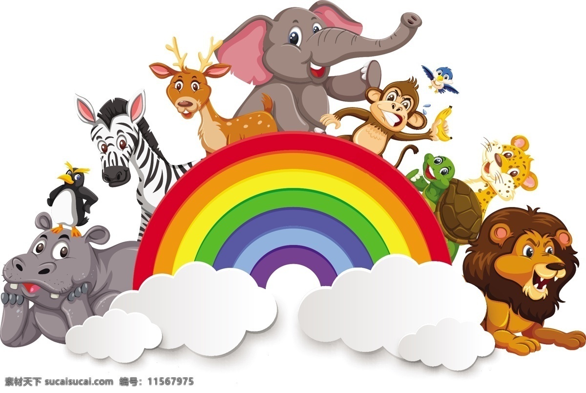 卡通野生动物 卡通动物 野生动物 动物园 动物素材 动物插画 可爱 卡通 彩虹 天空 风景 卡通动物生物 卡通设计