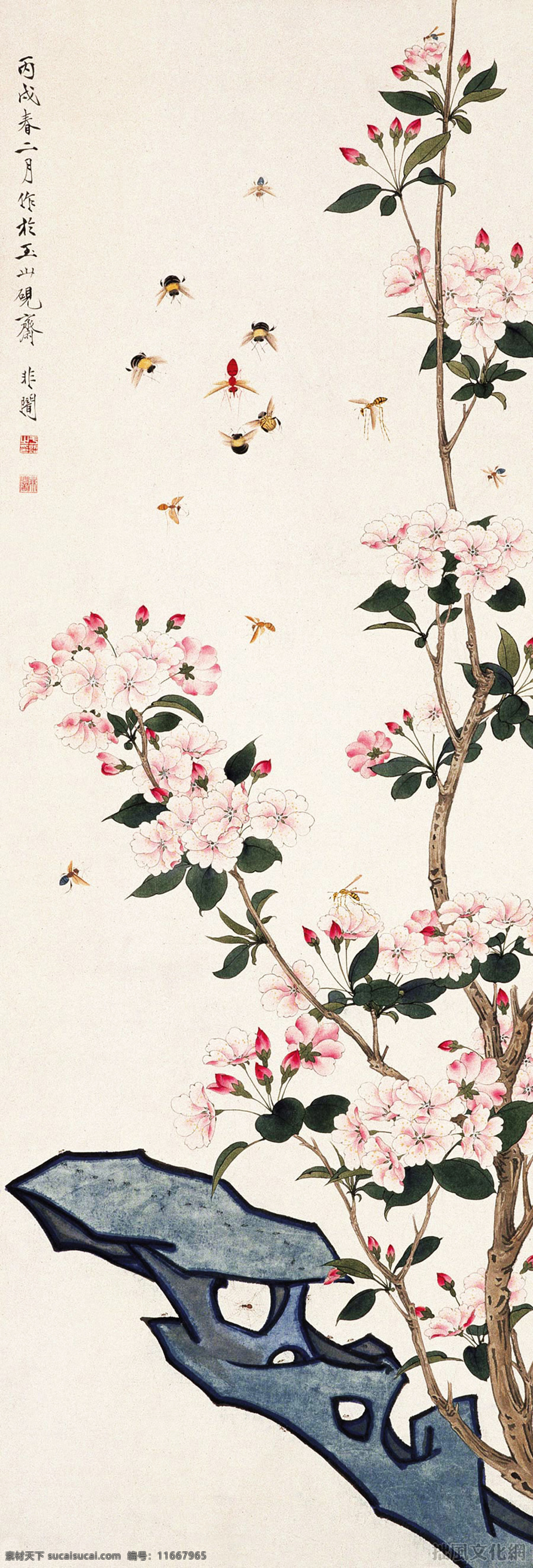 于非闇 国画 桃花蜜蜂 桃花 蜜蜂 蚂蜂 黄蜂 岩石 桃树 树枝 花朵 工笔 绘画书法 文化艺术