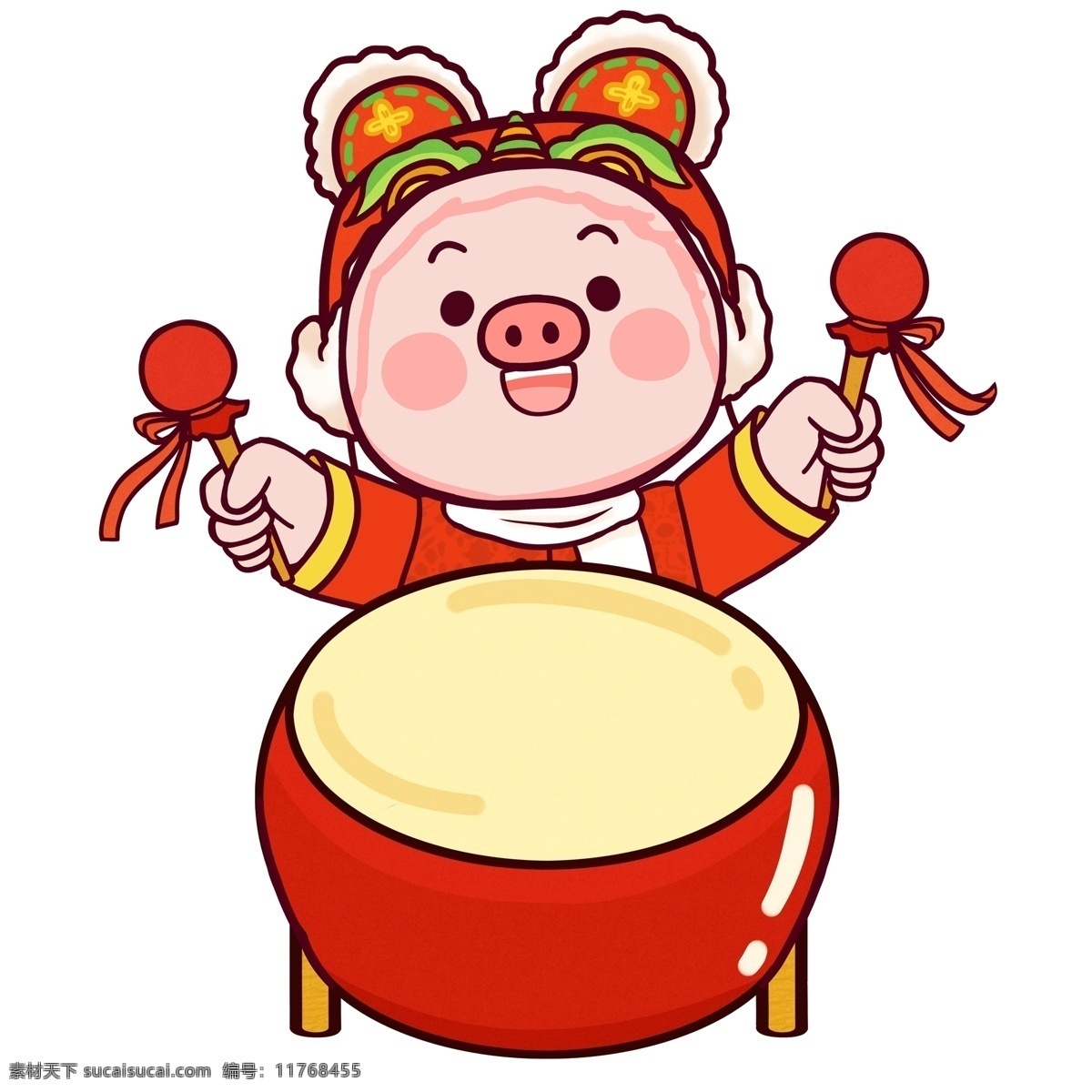卡通 击鼓 贺 新春 潮 漫 可爱 喜庆 中国风 春节 插画 小猪 打鼓 潮漫 猪猪 新年 猪年 2019年 小猪形象 猪年形象