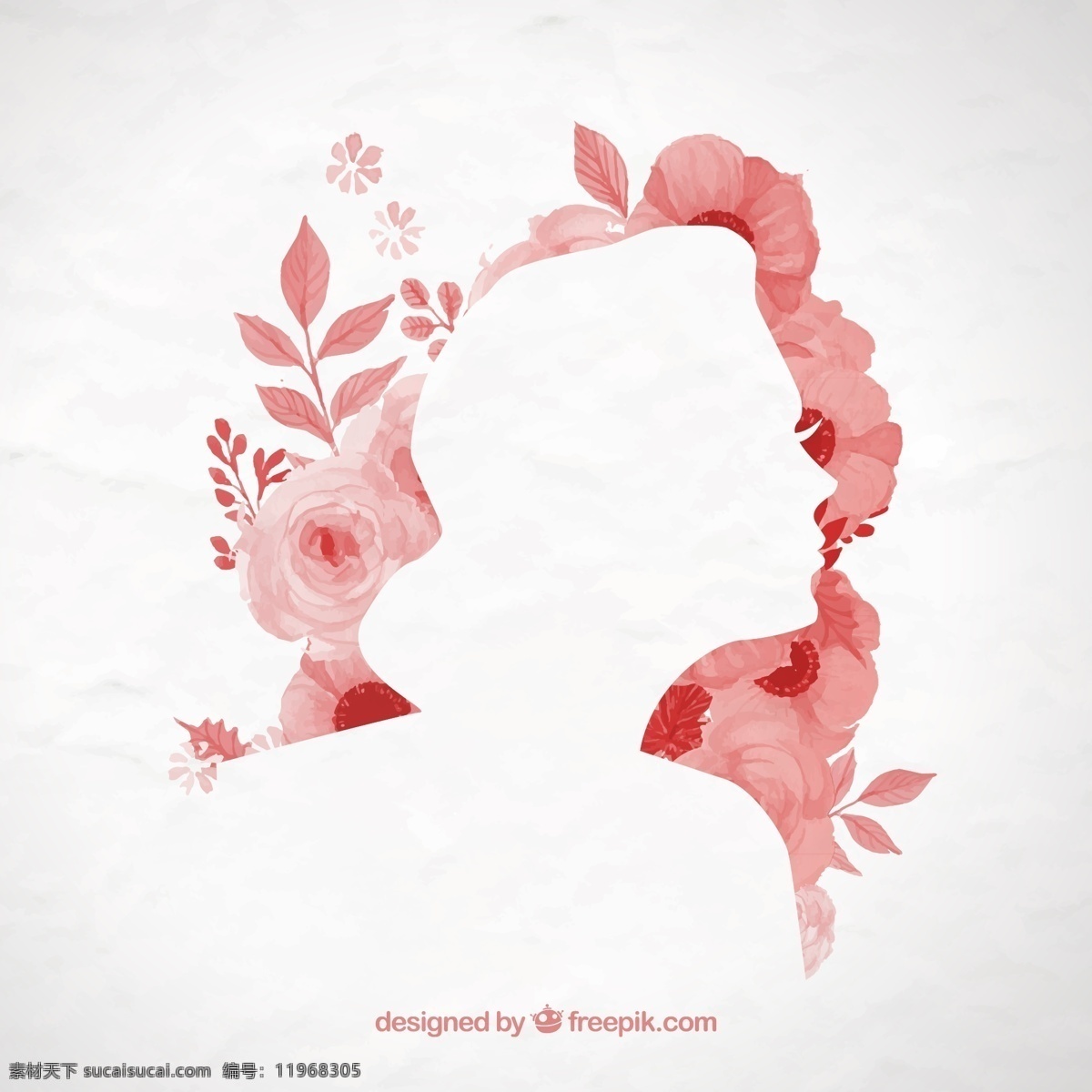 水彩 花卉 女子 剪影 花朵 花枝 植物 女性 女生 女士 女孩 人物 侧脸 纸张 褶皱 插画 背景 海报 画册 矢量植物 生物世界 花草 白色