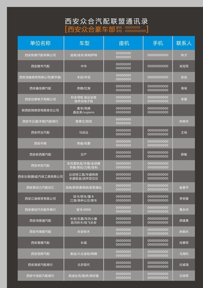 西安 合众 汽车 汽车联盟 商户通讯录 商户