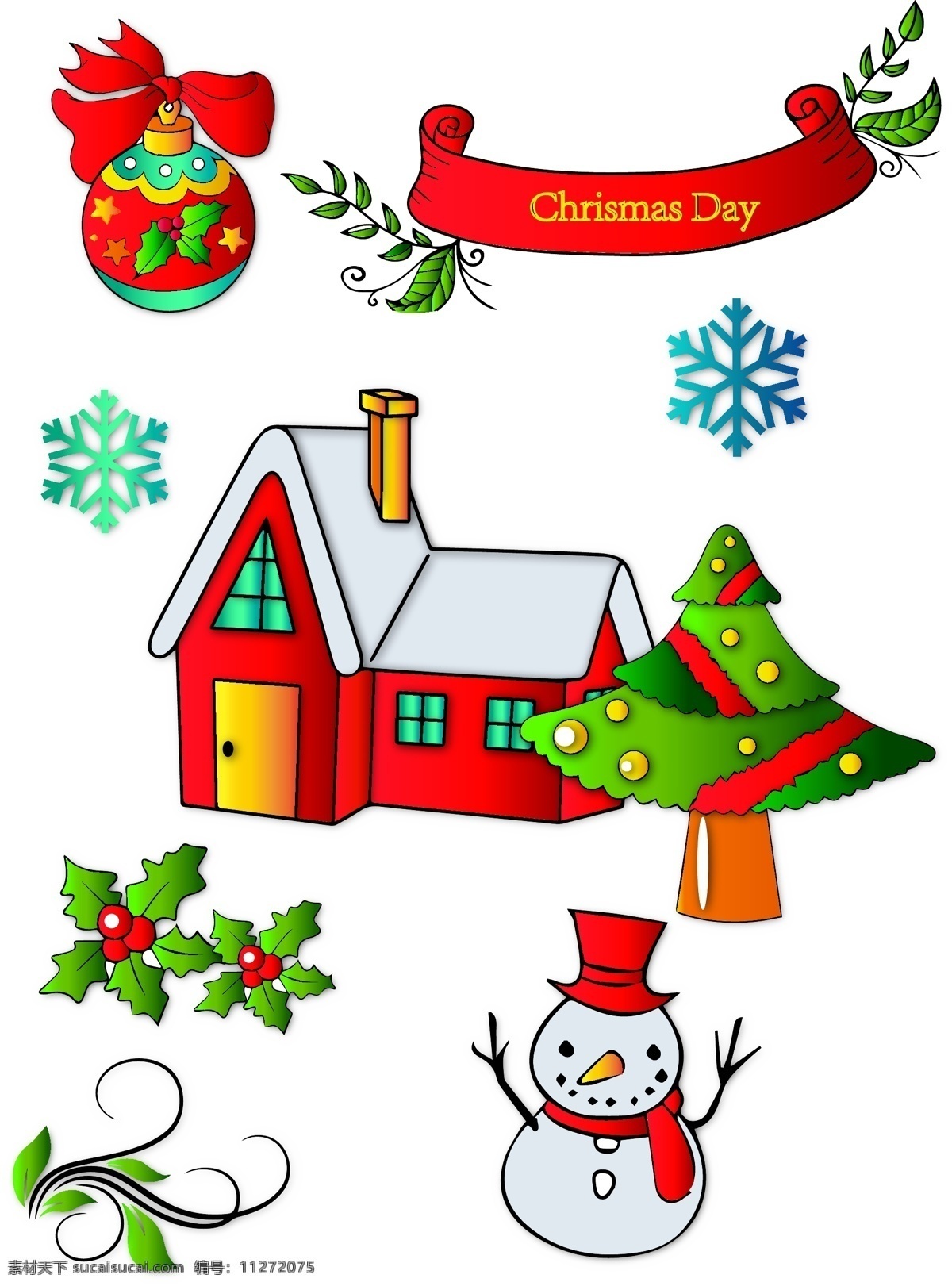 圣诞节 卡通 元素 集合 雪花 松树 雪人 圣诞屋