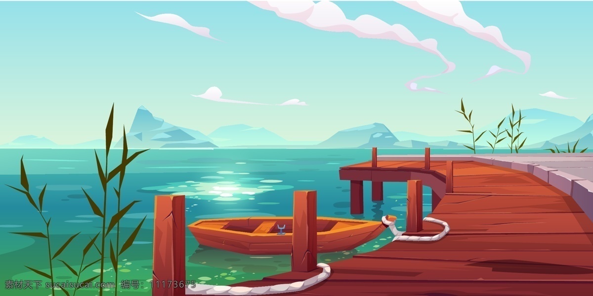 卡通风景 自然风景 手绘风景 海洋风光 码头 小船 木纹 木板 芦苇 天空 白云 海岛 设计素材 背景图片 自然景观 自然风光