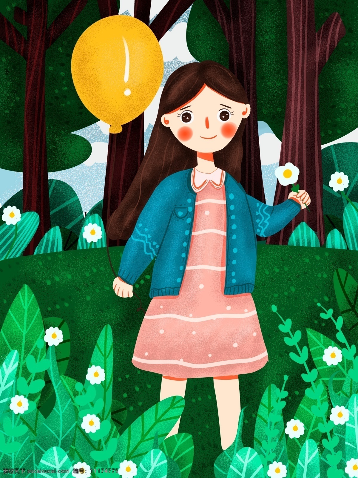 国际 儿童 日 可爱 卡通 小女孩 玩 气球 小清新 唯美 插画 国际儿童日
