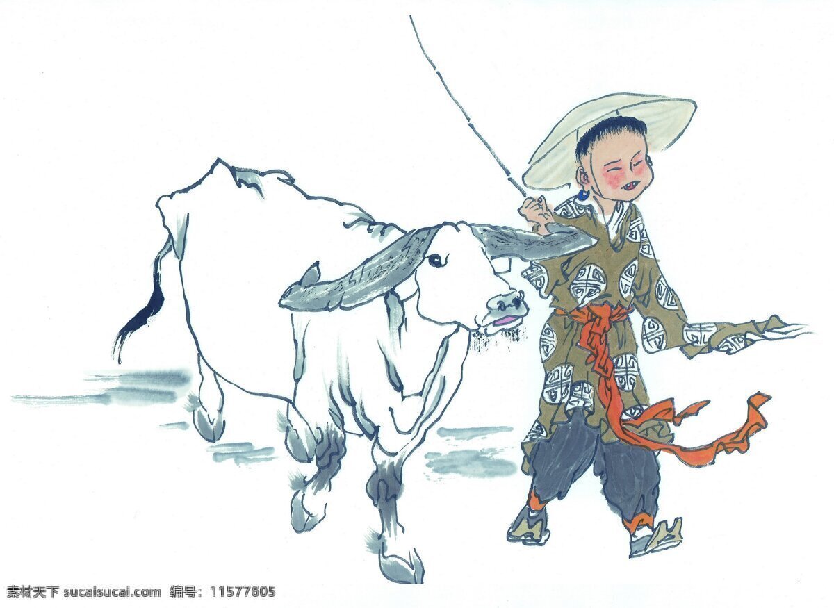 放牛 孩子 绘画 牧童 牛儿 鞭子 文化艺术