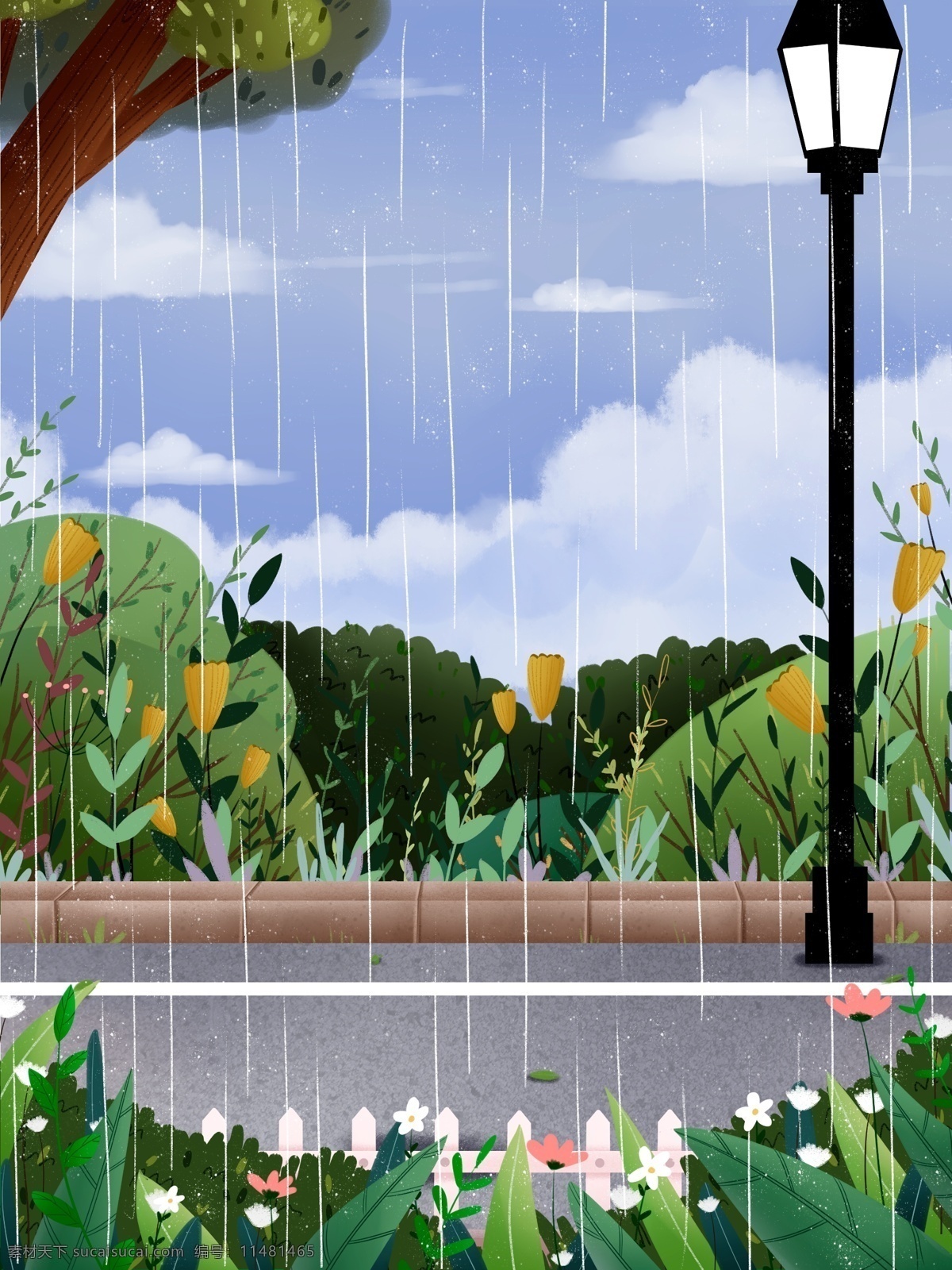 手绘 春季 雨水 花丛 道路 背景 路灯 传统 雨水节气 谷雨 树林 彩绘背景 通用背景 背景展板 特邀背景 促销背景