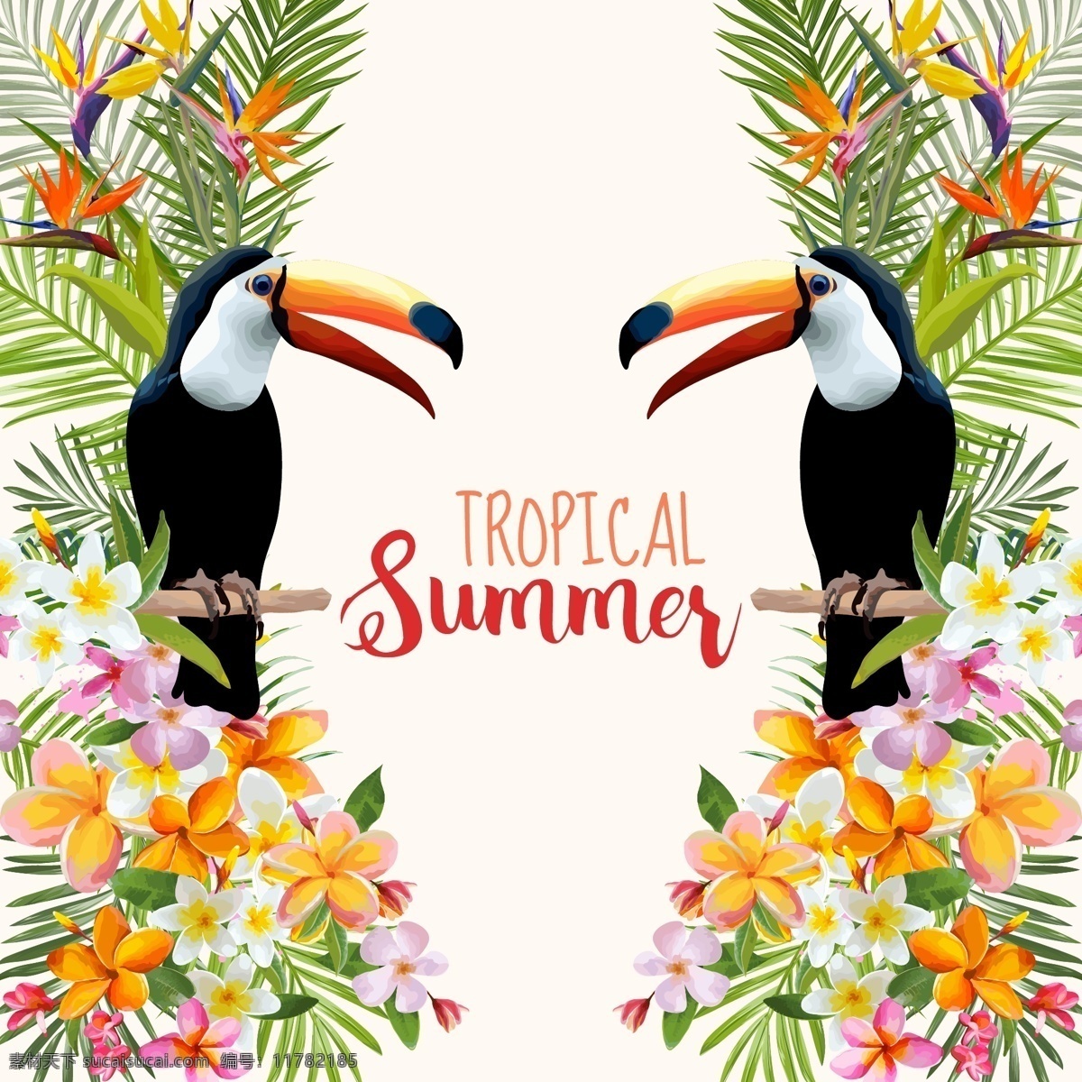 夏天 对称 海报 鹦鹉 花卉 纹理 背景 矢量 黄色 花朵 summer 夏威夷 卡通 插画 填充 广告 包装 印刷