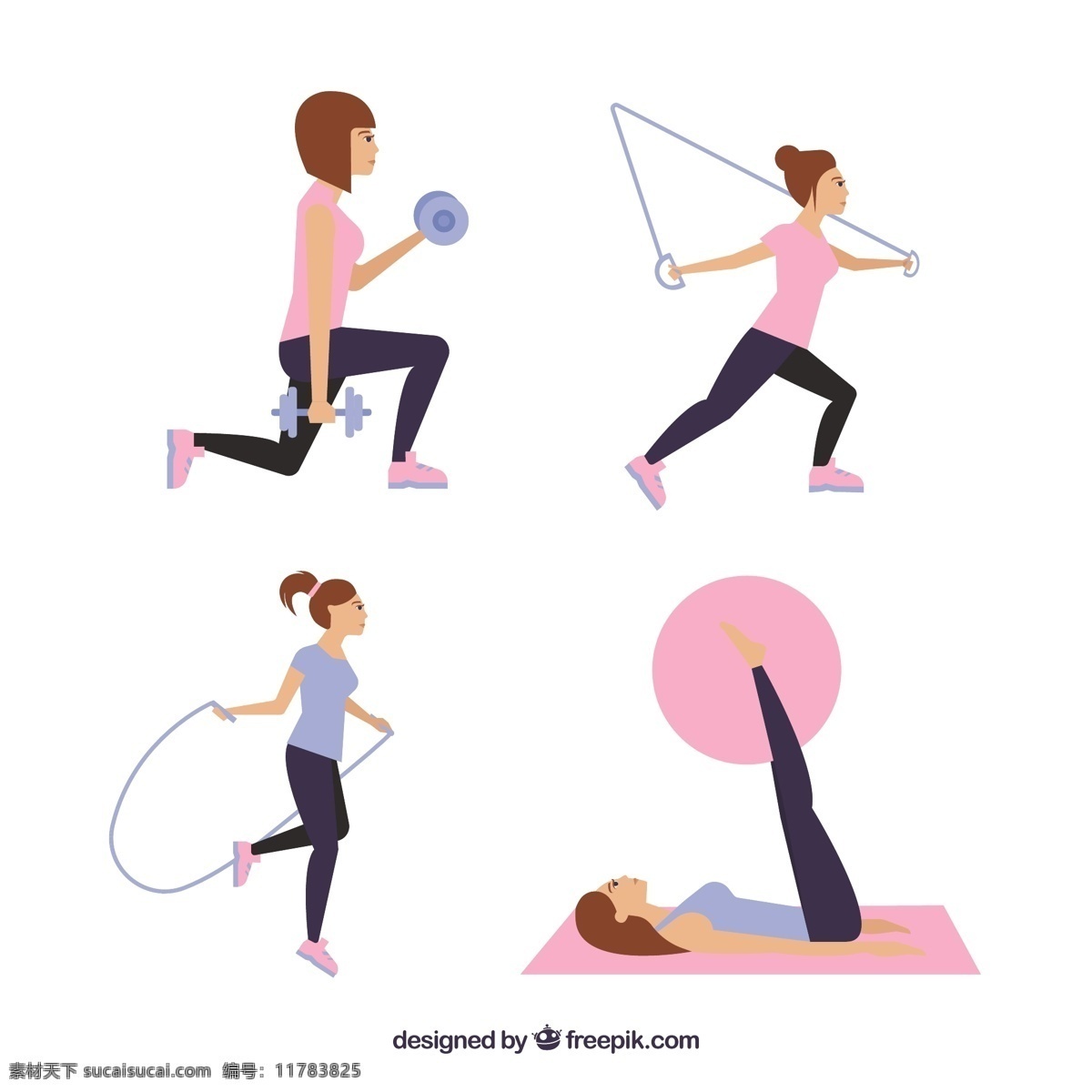 妇女练习练习 运动 健身 跑步 跳绳 网球 球 健康 元素 训练 体重 女性 跳跃 生活方式 白色