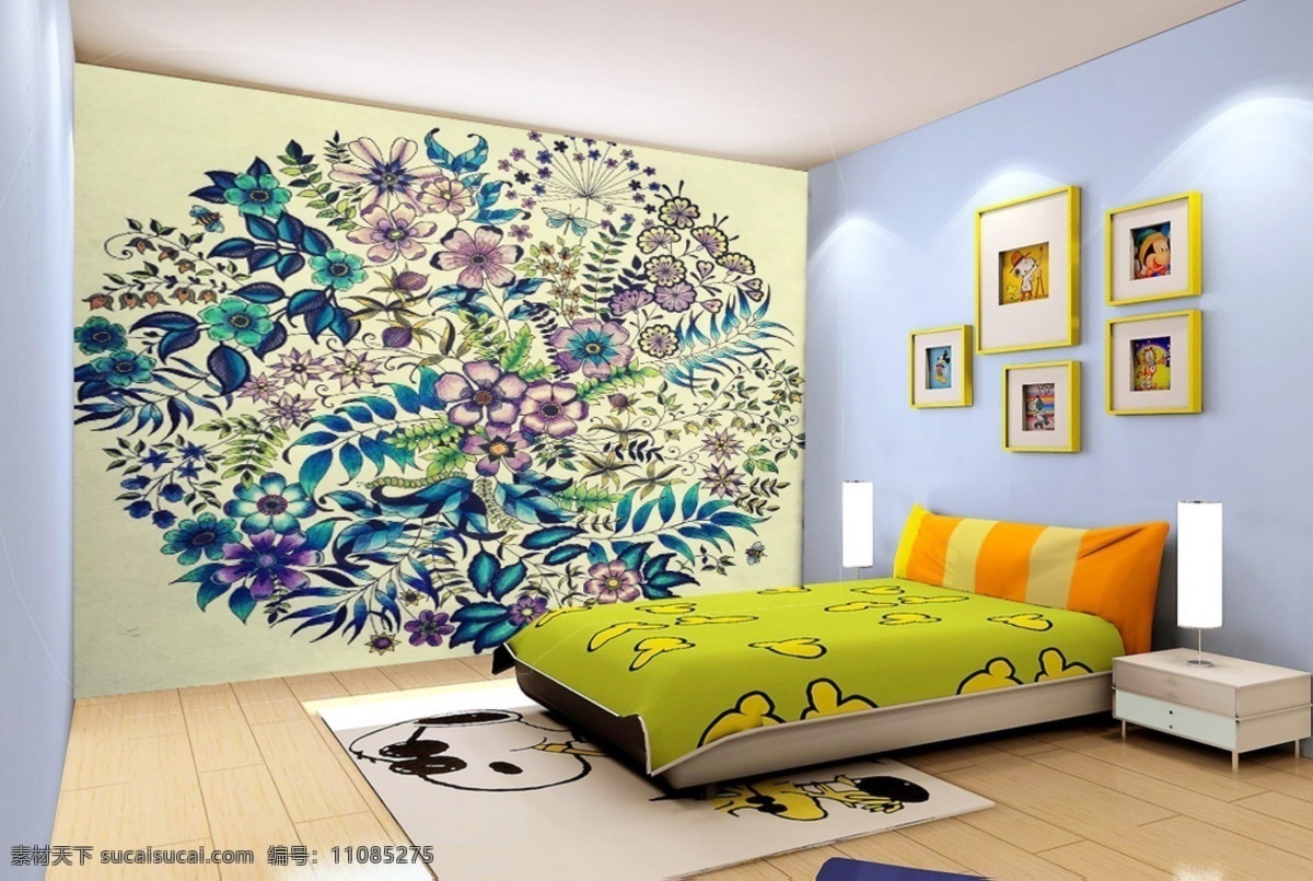 卧室 背景 墙 手绘 图案 秘密花园 背景墙效果图 壁画 壁纸 家居设计 黄色