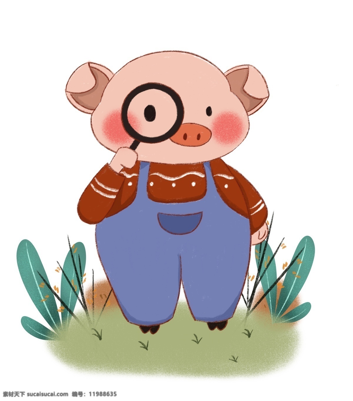手绘 小 清新 放大镜 猪 新年 猪年 植物 绿植 可爱的猪 动物 手绘猪 小清新 蜡笔画 背带裤
