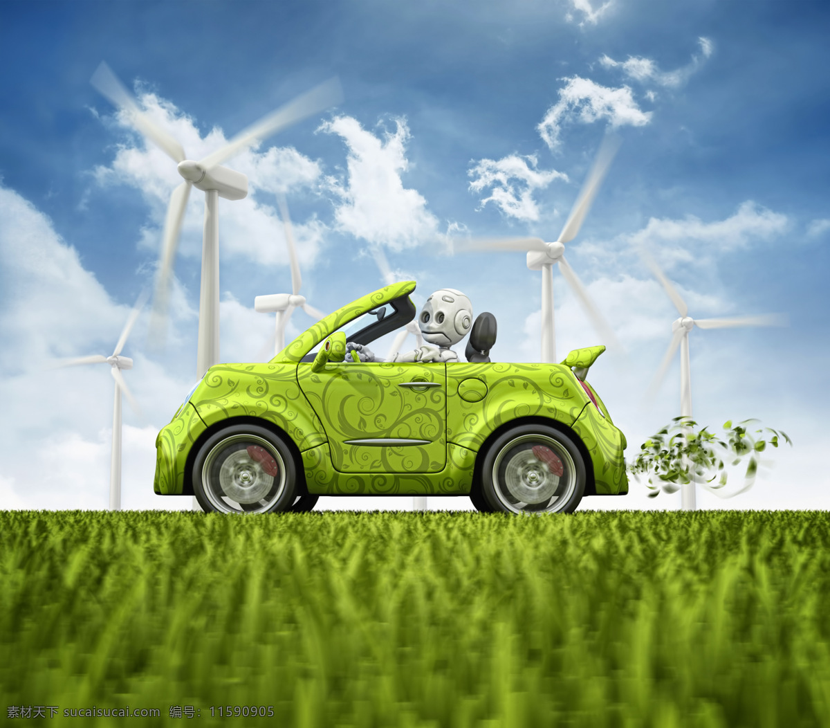 创意 创意环保 风车 风力 环保 蓝天白云 汽车 设计素材 模板下载 天然景色 自然风光 风力发电车 自然风景 自然景观
