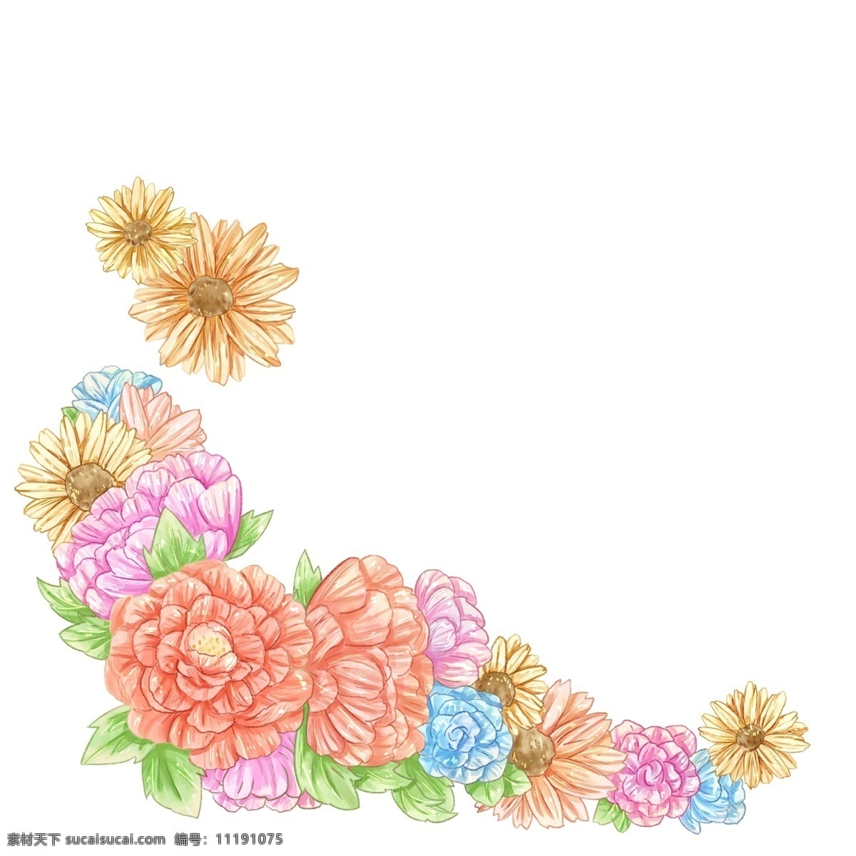 手绘 清新 漂亮 花丛 精致的雏菊 牡丹花 手绘小清新 明亮 花朵装饰 精致 鲜花 绿叶 五颜六色的花