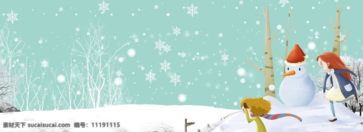 十二月 你好 卡通 蓝色 海报 背景 十二月你好 十二月来了 雪人 雪地上的人 雪花 雪树枝 卡通人物