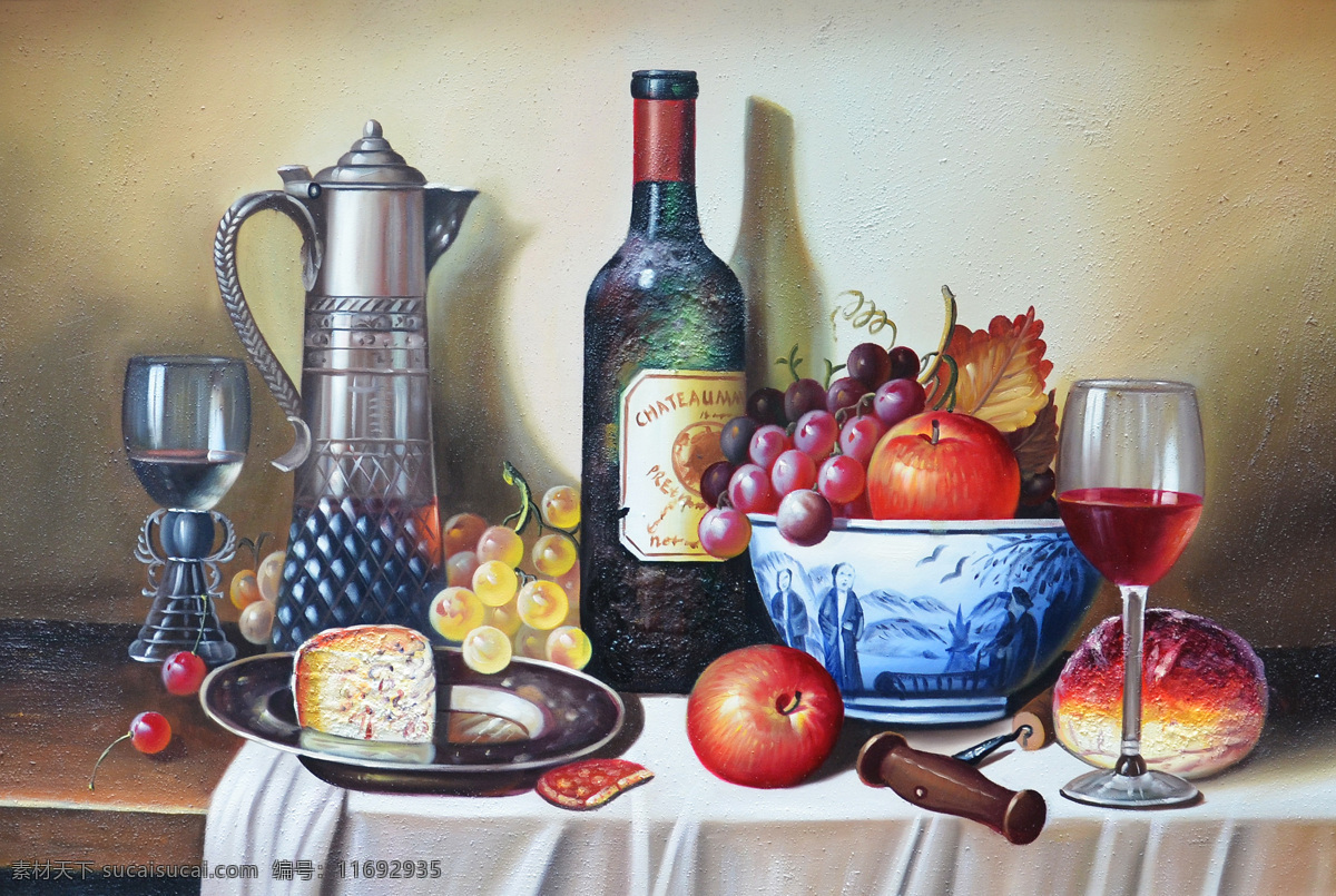 静物水果饮品 美术 油画 静物画 水果 红洒 酒杯 苹果 葡萄 油画艺术 绘画书法 文化艺术