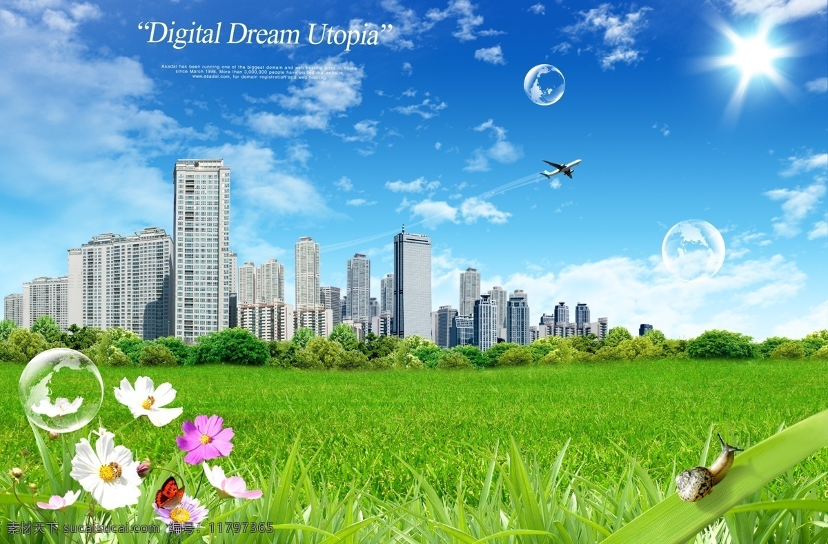鲜花 花朵 草地 花瓣 阳光 创新psd 春天 大厦 飞机 蝴蝶 蓝天白云 气球 清新 水晶 田野 psd源文件