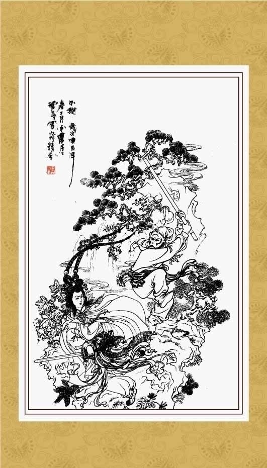 三打白骨精 白描 图案 绘画 古典 传统纹样 山水 神话传说 西游记 传统文化 文化艺术 矢量