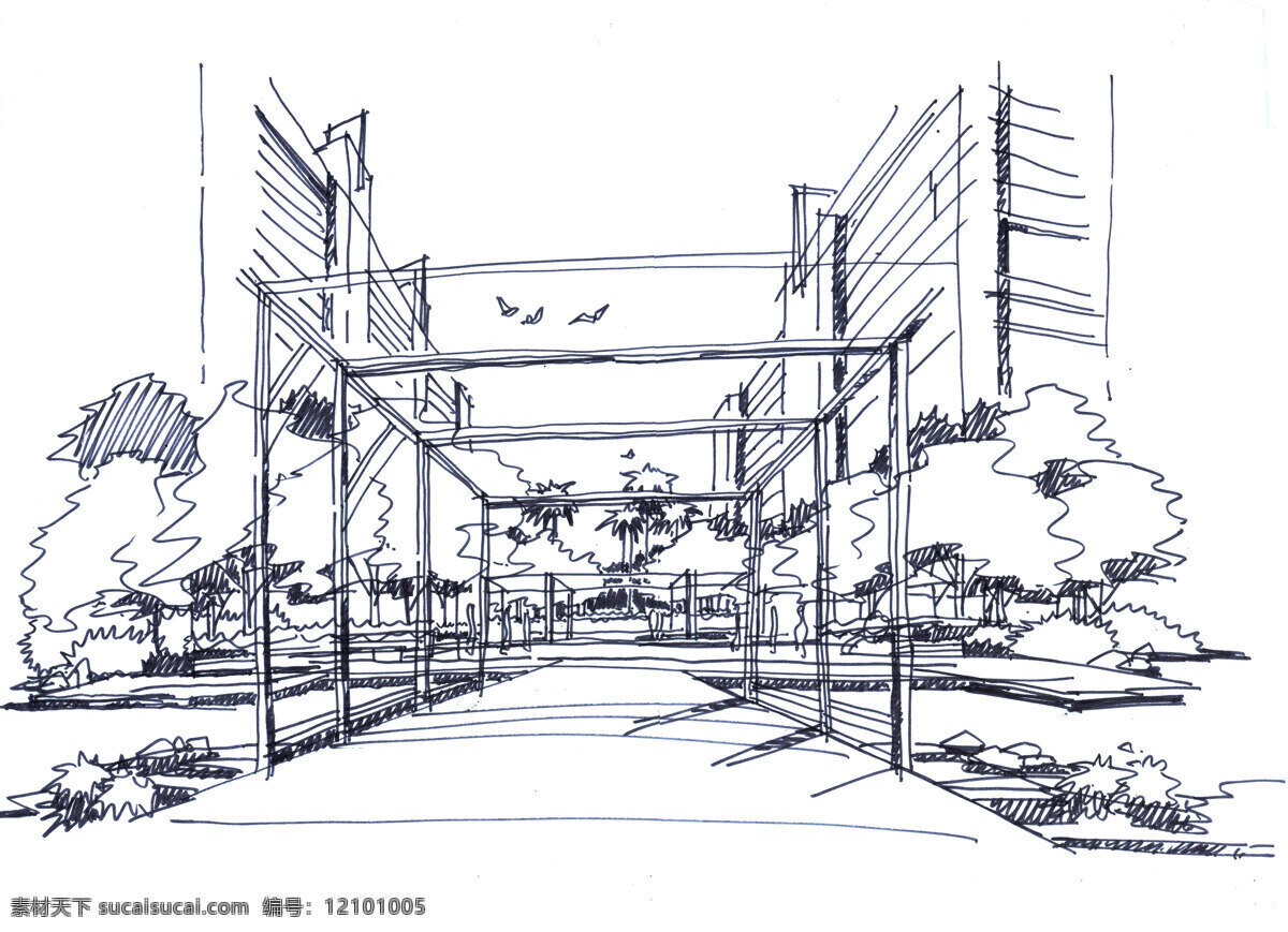 景观设计 手绘 草图 环境设计 设计图 手绘图 效果图 线稿 线描 住宅环境 黑白 现代风格 简洁 框架结构 手 绘图