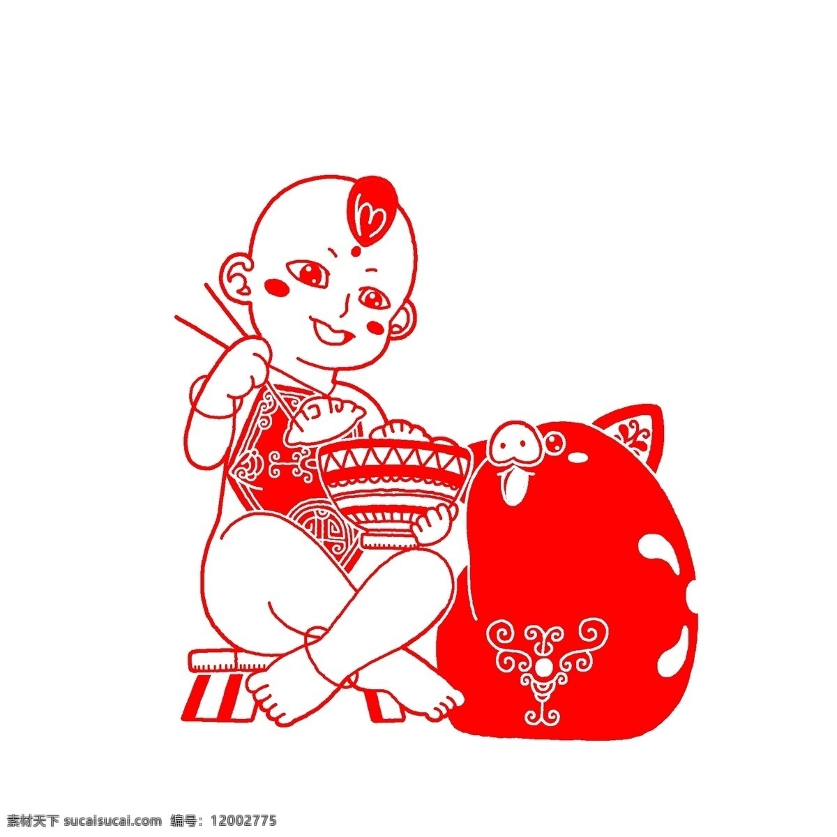 红色 剪纸 猪 插画 红色的小猪 可爱的小猪 小猪插画 卡通人物 小猪吃饭插画