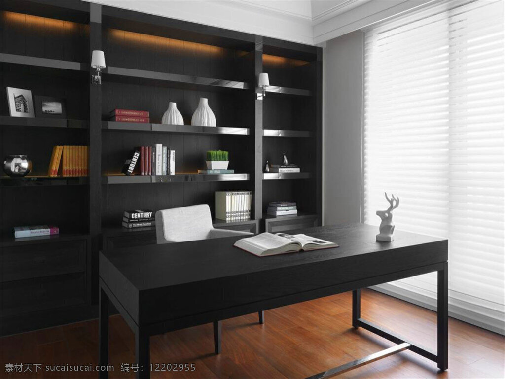 简约 书房 书桌 装修 效果图 方形吊顶 灰色窗帘 木地板 书柜