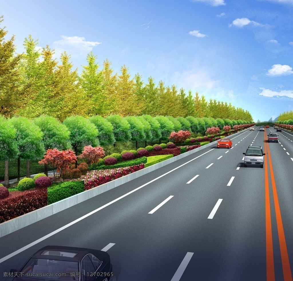 市政 道路 效果图 城市主干道 市政道路建设 公路绿化 树木 汽车 景观设计 环境设计