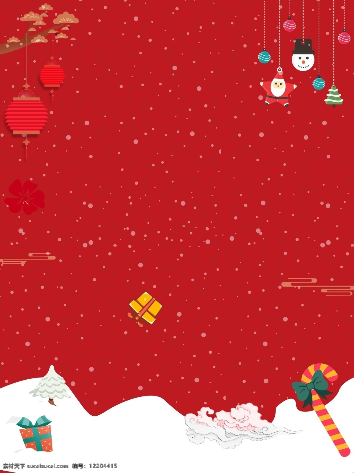 红色 圣诞 雪地 冬天 卡通 展板 背景 大气 喜庆 圣诞树 礼物 棒棒糖 雪人 圣诞球