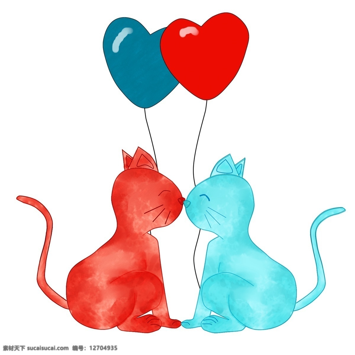 亲嘴 猫咪 手绘 插画 红色的气球 桃心气球 可爱的猫咪 萌萌的猫咪 亲嘴的猫咪 恩爱的猫咪 漂亮的猫咪
