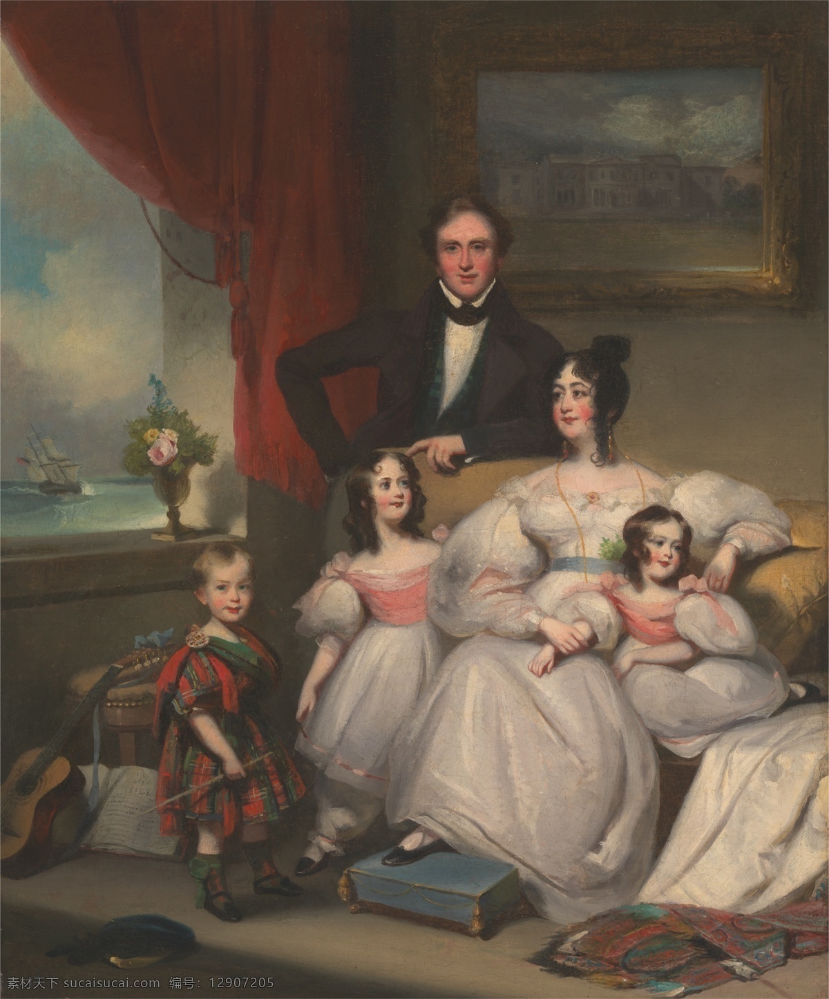 绘画书法 文化艺术 英国 油画 一家 五口 设计素材 模板下载 一家五口 年轻夫妇 两个 女儿 一个 儿子 19世纪油画 贵族之家 家居装饰素材