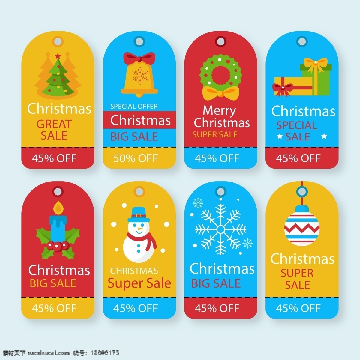 彩色 圣诞节 标签 矢量 雪花 礼物 矢量素材 圣诞树 蜡烛 铃铛 雪人 花环