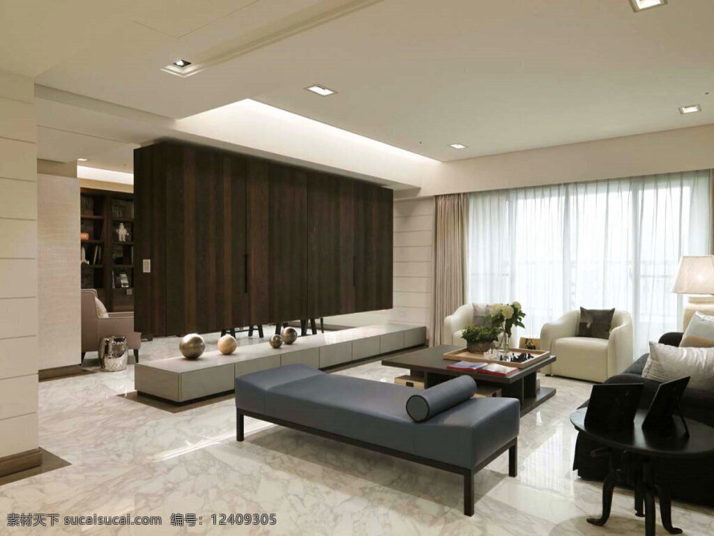现代 简约 客厅 深褐色 背景 墙 室内装修 效果图 客厅装修 瓷砖地板 灰色沙发 白色单人椅