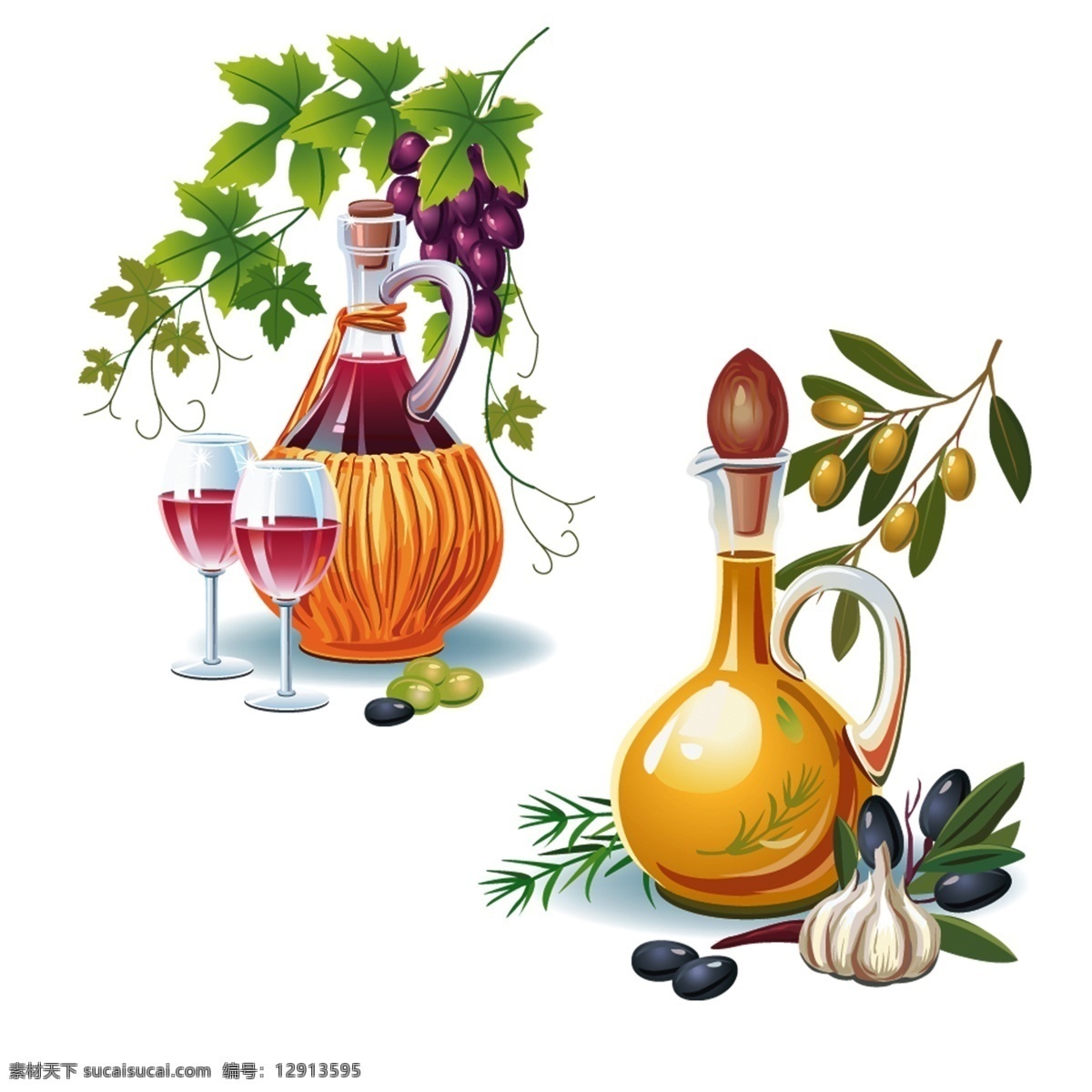 色彩手绘图 矢量素材 色彩 绘画 油画 水果 酒杯 瓶子 橄榄 叶子 植物