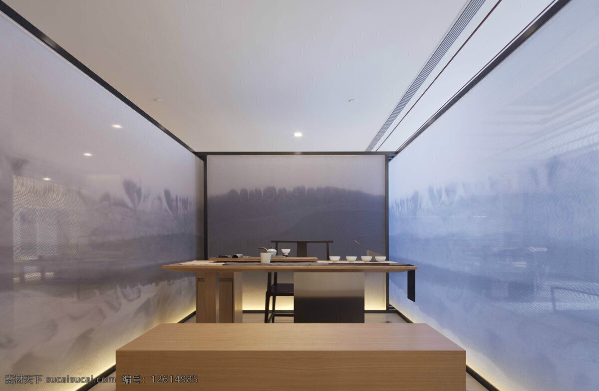 简约 书房 玻璃 景观 装修 效果图 白色射灯 方形茶几 方形吊顶 浅色地板砖 书桌