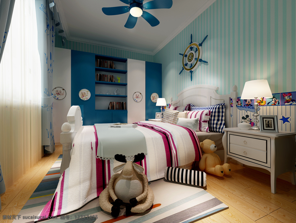 男孩房 儿童房 卧室设计 次卧 蓝色调 3d设计
