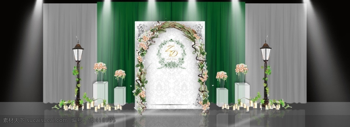 灰绿色 婚礼 迎宾 背景 花艺 拱门 路灯 森系 银绿色婚礼