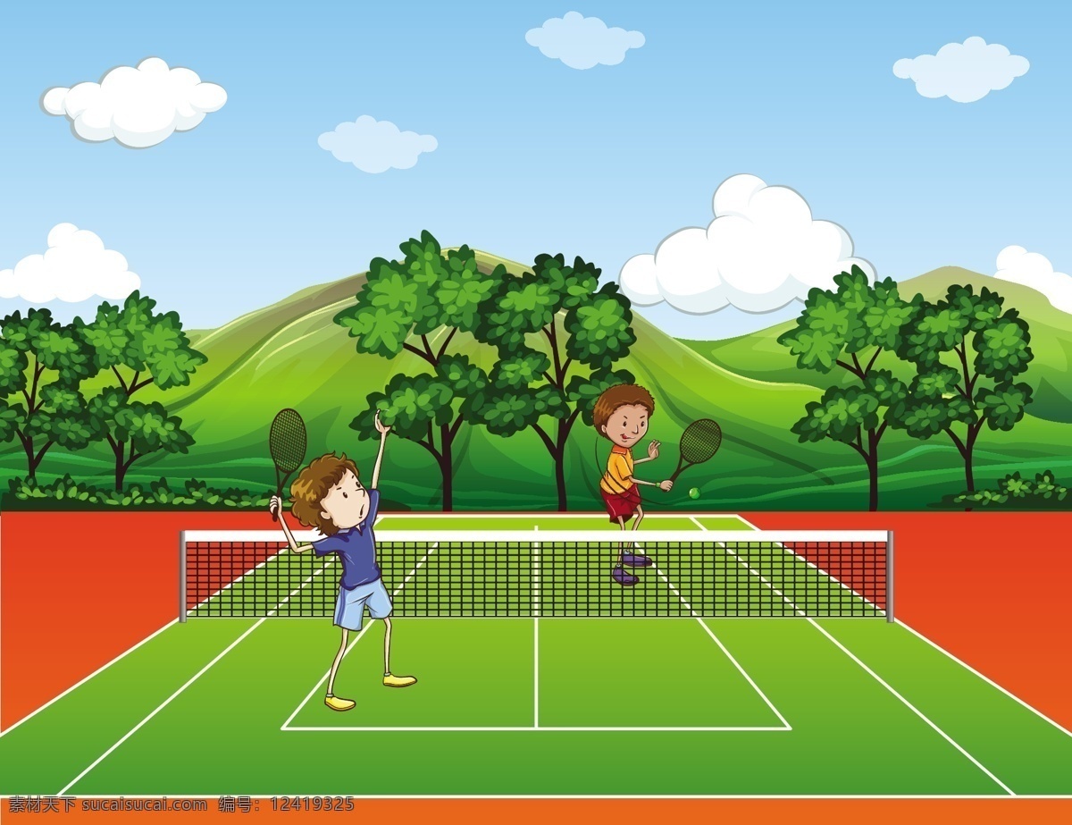 卡通网球运动 运动 体育 运动员 比赛 竞赛 球类 儿童 体育素材 网球 卡通儿童 卡通设计