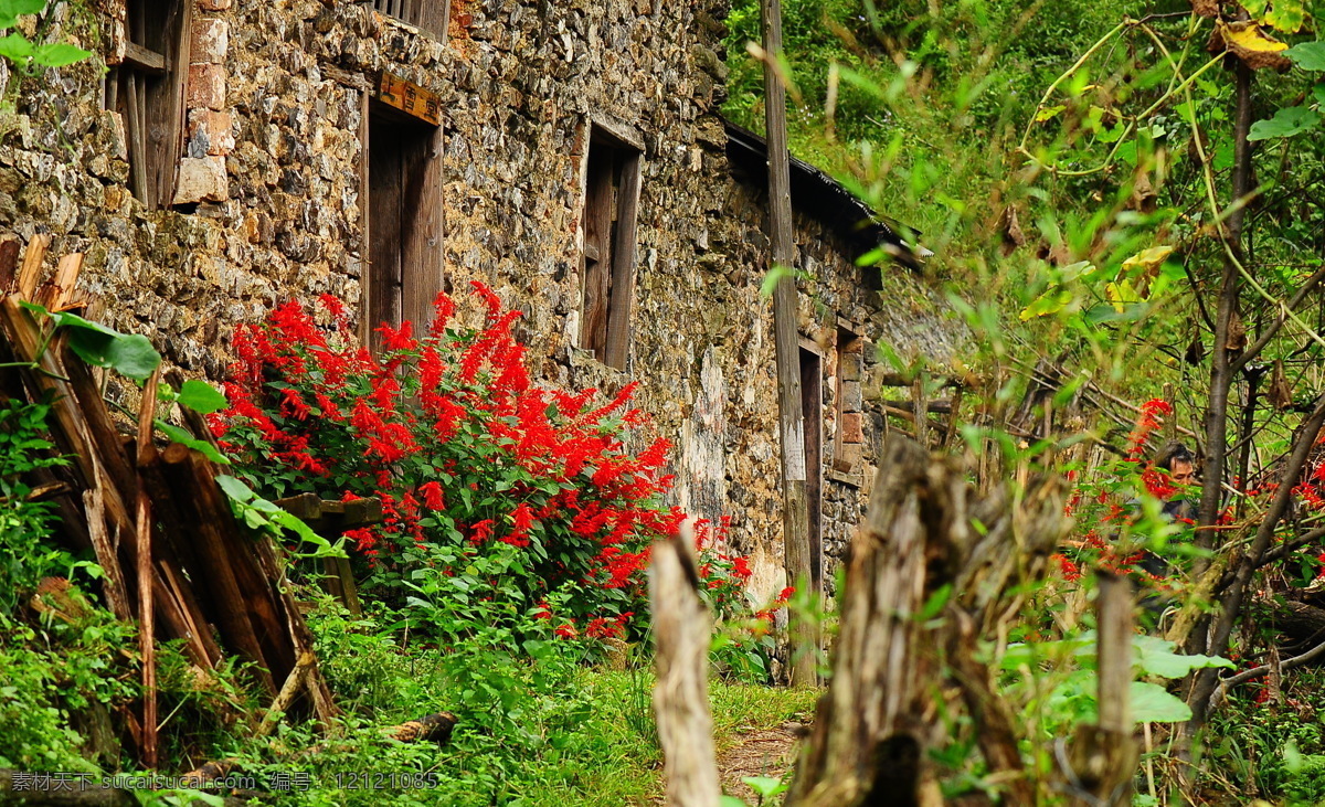 乡间石屋 石屋 一串红 花丛 乡村旅游 国内旅游 旅游摄影