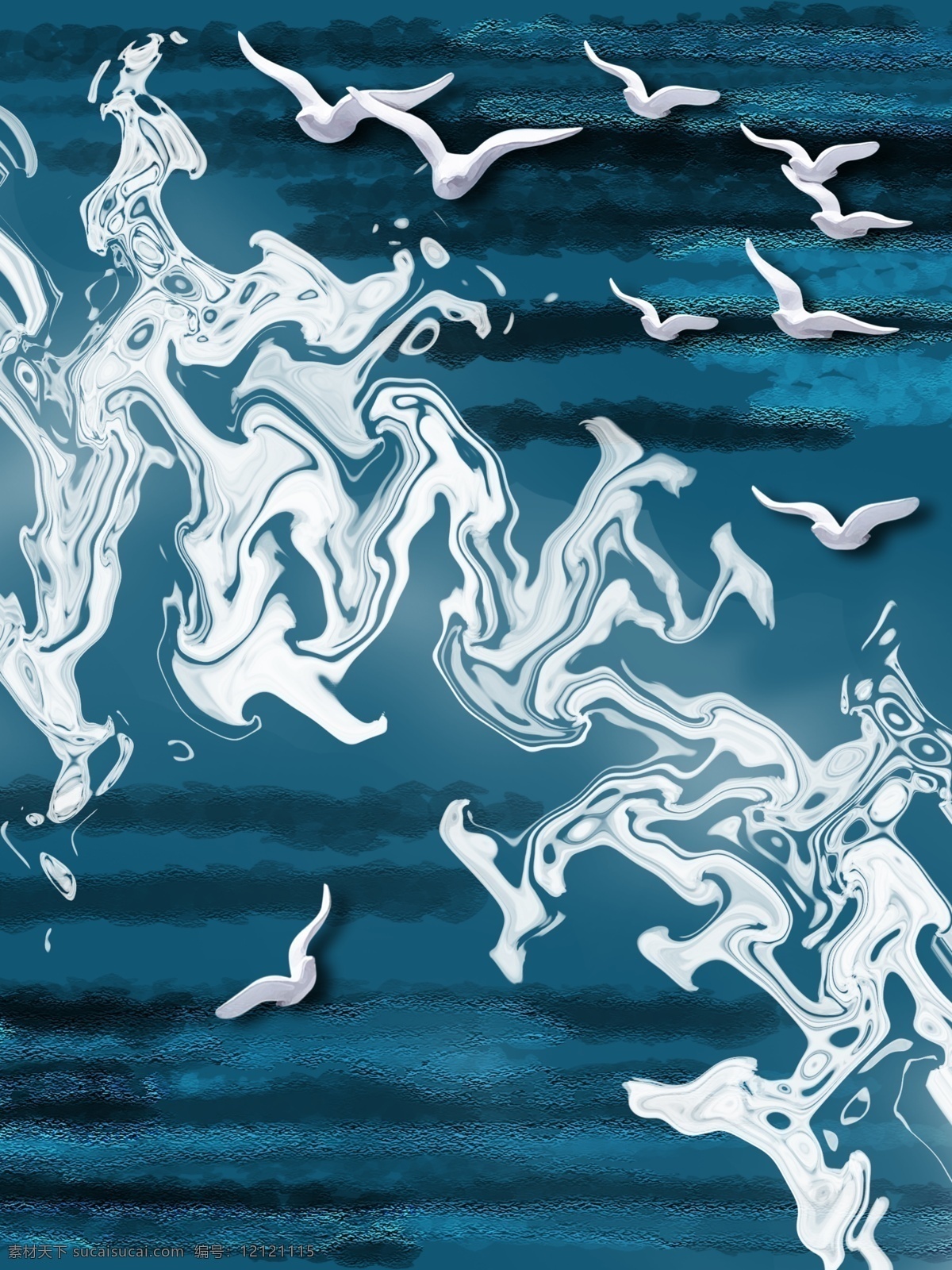 现代 深沉 蓝色 海洋 客厅 装饰画 立体海鸥 客厅装饰画 一联画 白色海浪 抽象海洋