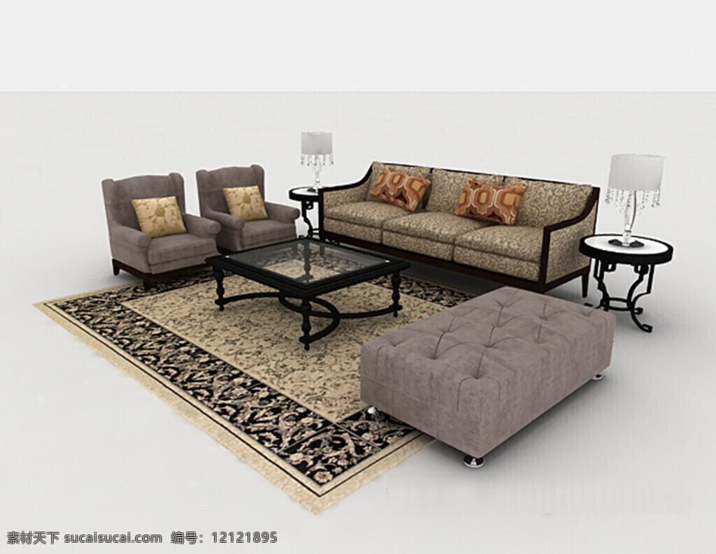 简约 欧式 组合 沙发 3d 模型 3d模型下载 3dmax 欧式风格模型 棕色模型 白色