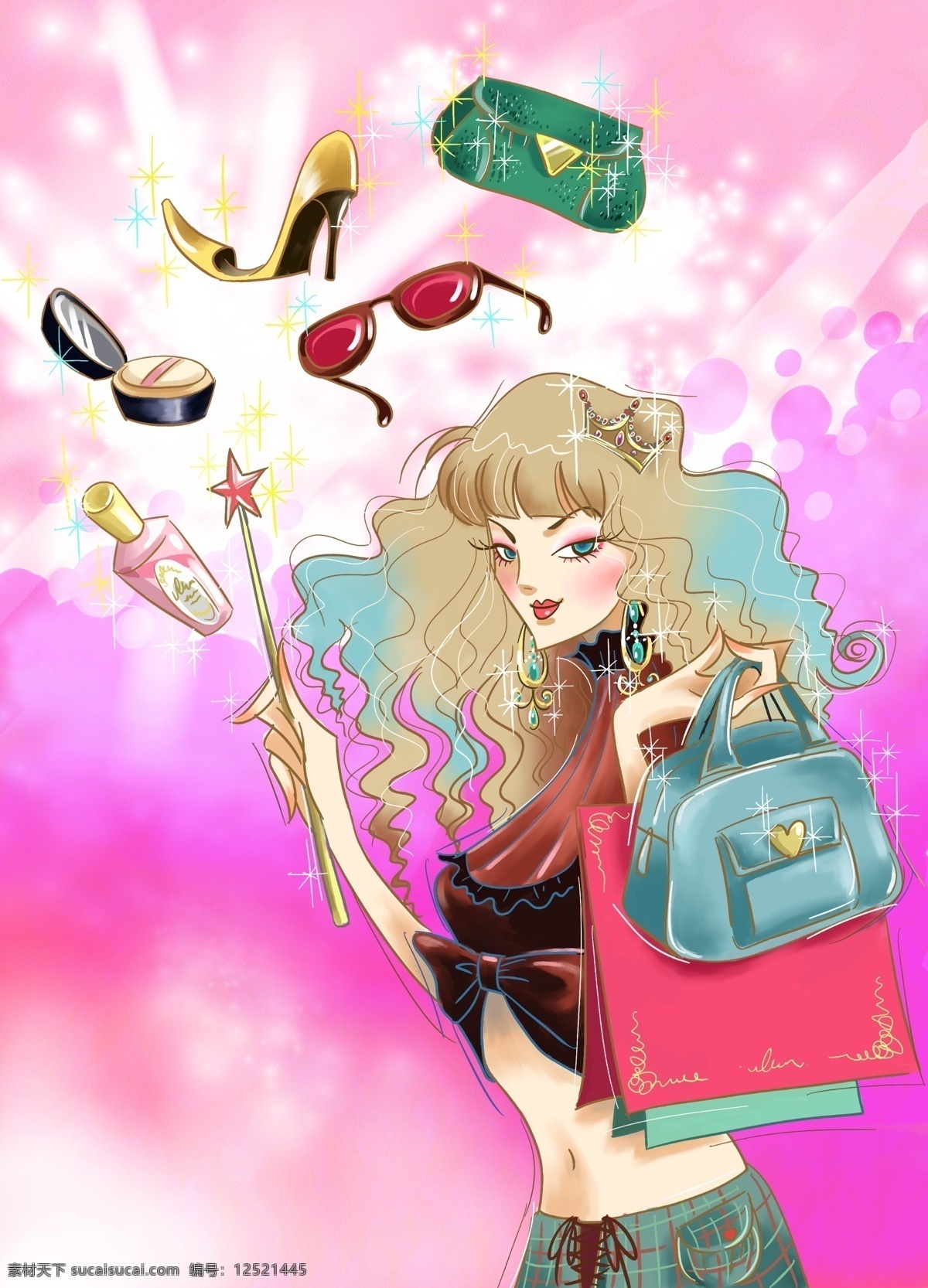 妖艳 女子 包 高跟鞋 化装品 浪漫背景 魔法棒 女人 皮包 眼镜 妖艳的女子 psd源文件