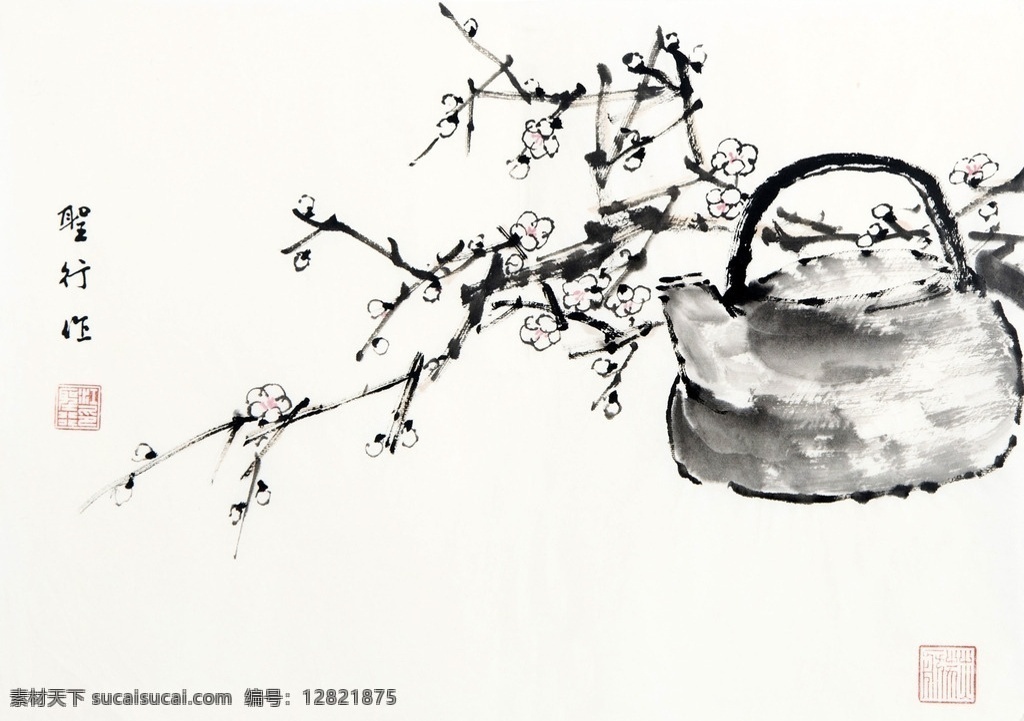 清供图 江圣行作品 水墨画家 梅花 茶壶 中国古代画 中国古画 绘画书法 文化艺术