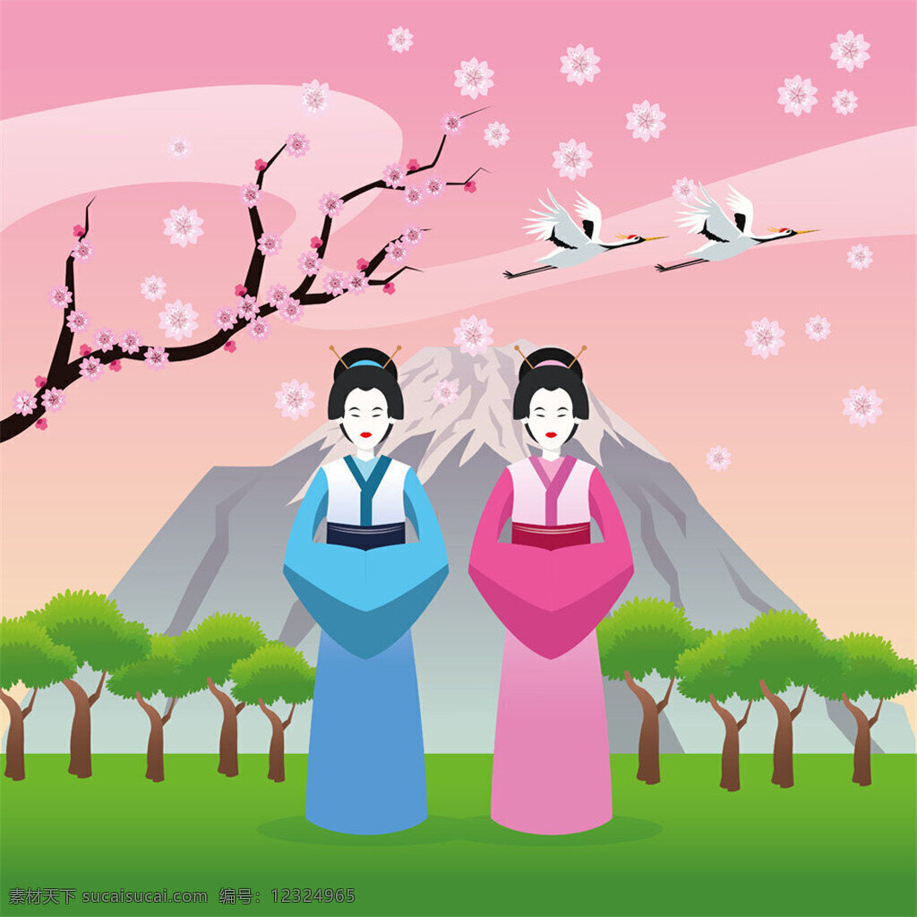 樱花 树下 两个 日本 女人 日本女人 穿和服的女人 矢量 树木 山峰 树枝