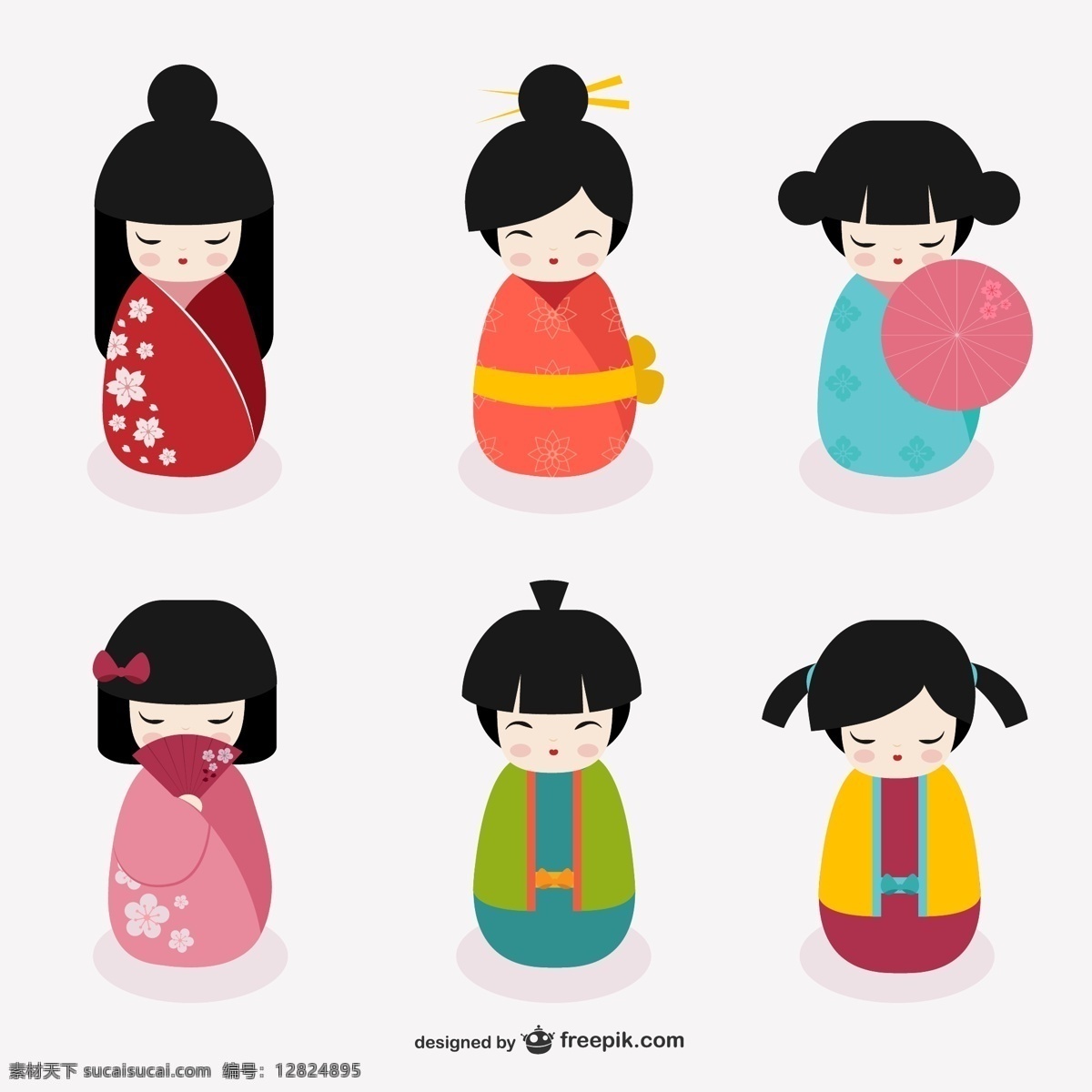日本 风情 可爱 卡通 娃 女孩 娃娃 小孩 鞭子辫子 印花 扇子 复古 怀旧 套娃 扁平 分层