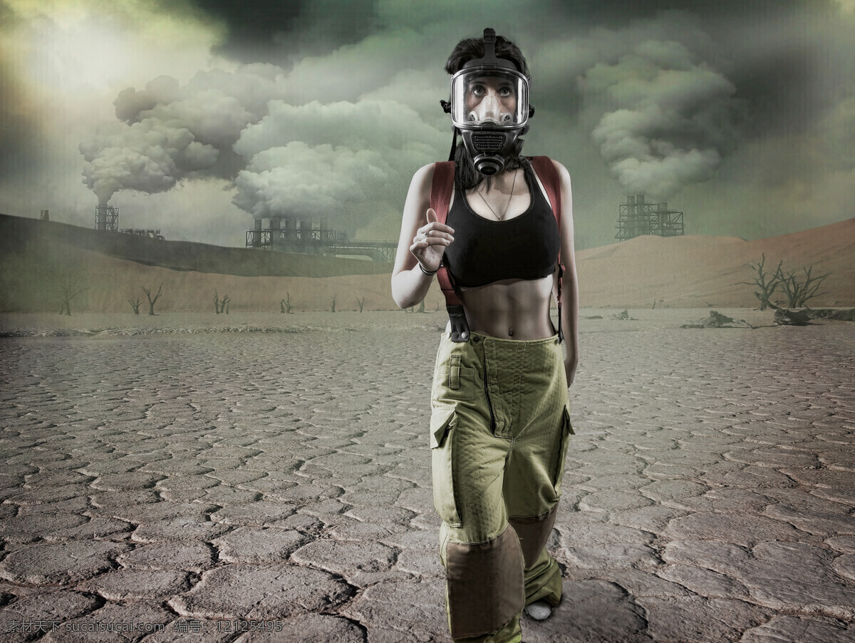 干枯 土地 戴 面具 美女图片 防毒面罩 防毒面具 毒气罩 环境破坏 工厂 外国美女 空气污染 商务人士 人物图片