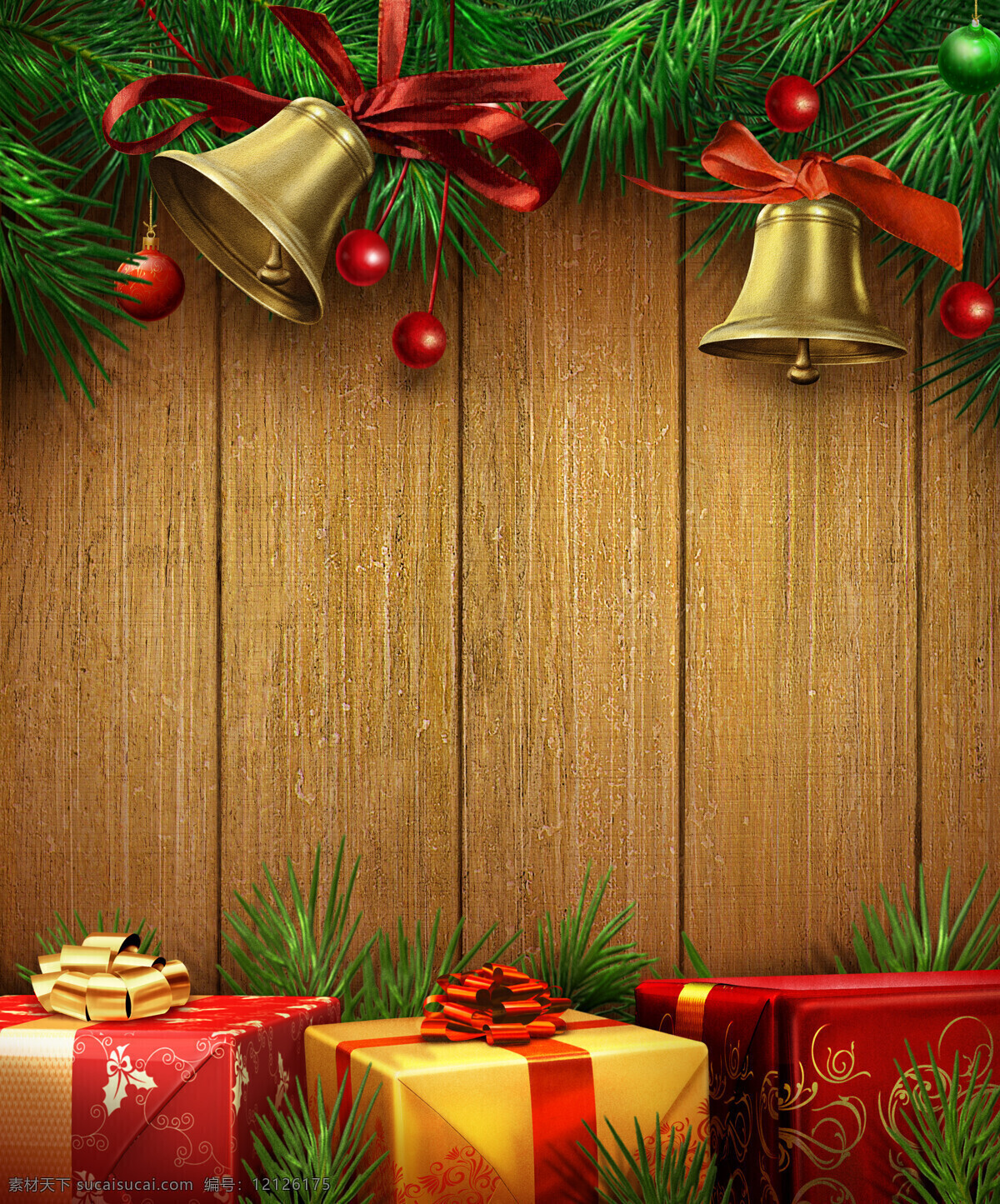 圣诞节铃铛 圣诞节 铃铛 木板 礼盒 礼物 松枝 红果子 节日庆祝 文化艺术